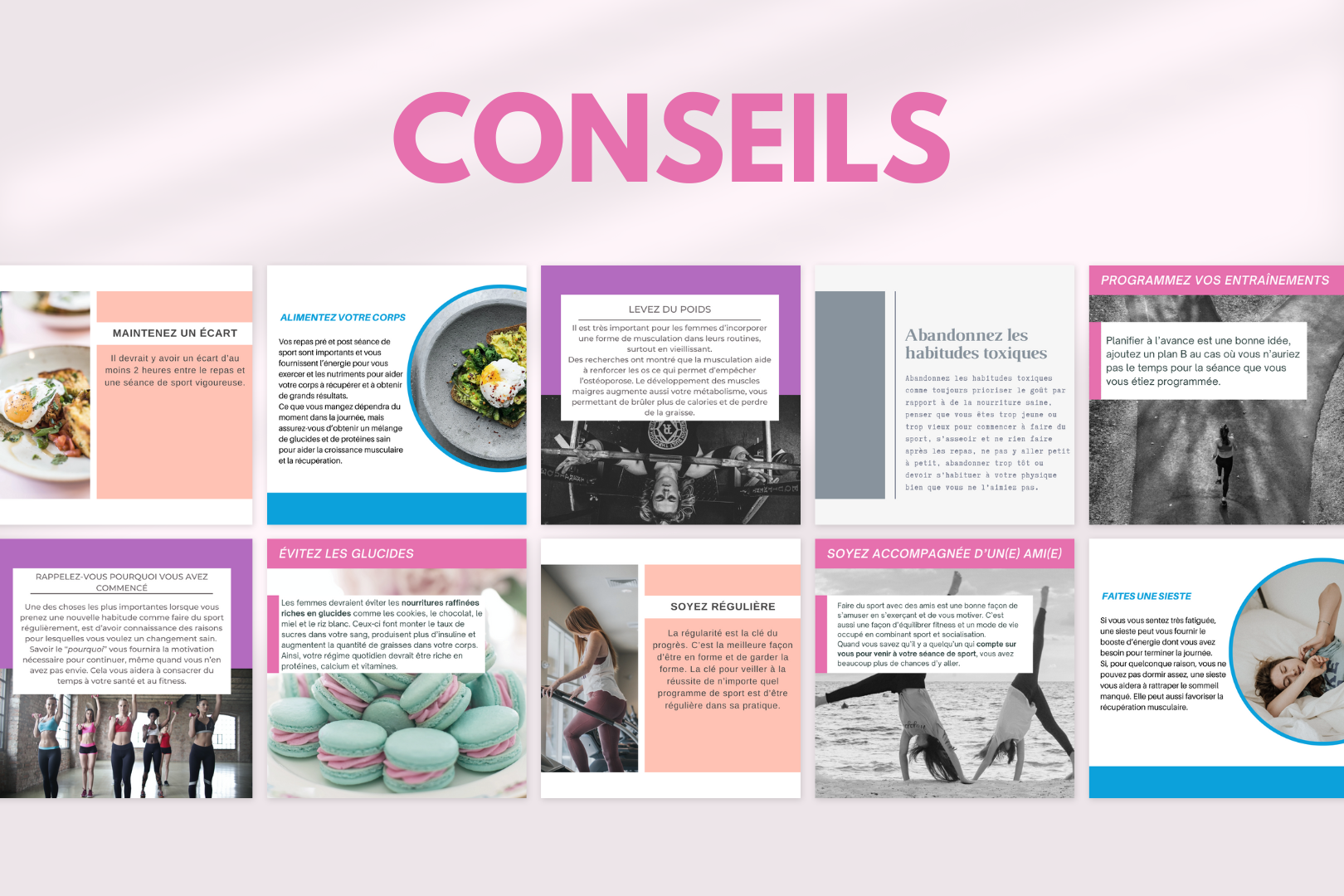 Publication francophone bien-être – pack fitness féminin modifiable dans Canva