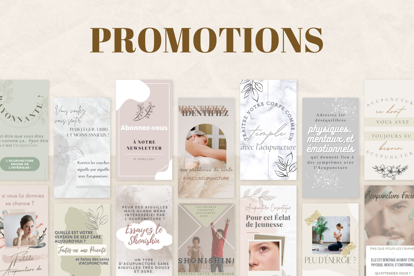 Templates Canva bien-être – acupuncture, questions engageantes et storytelling