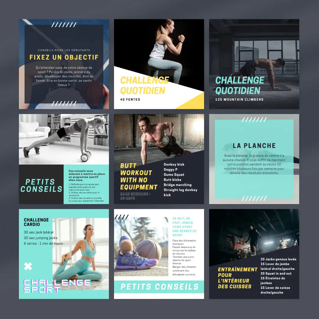 Templates Canva sport à domicile en français pour les réseaux sociaux