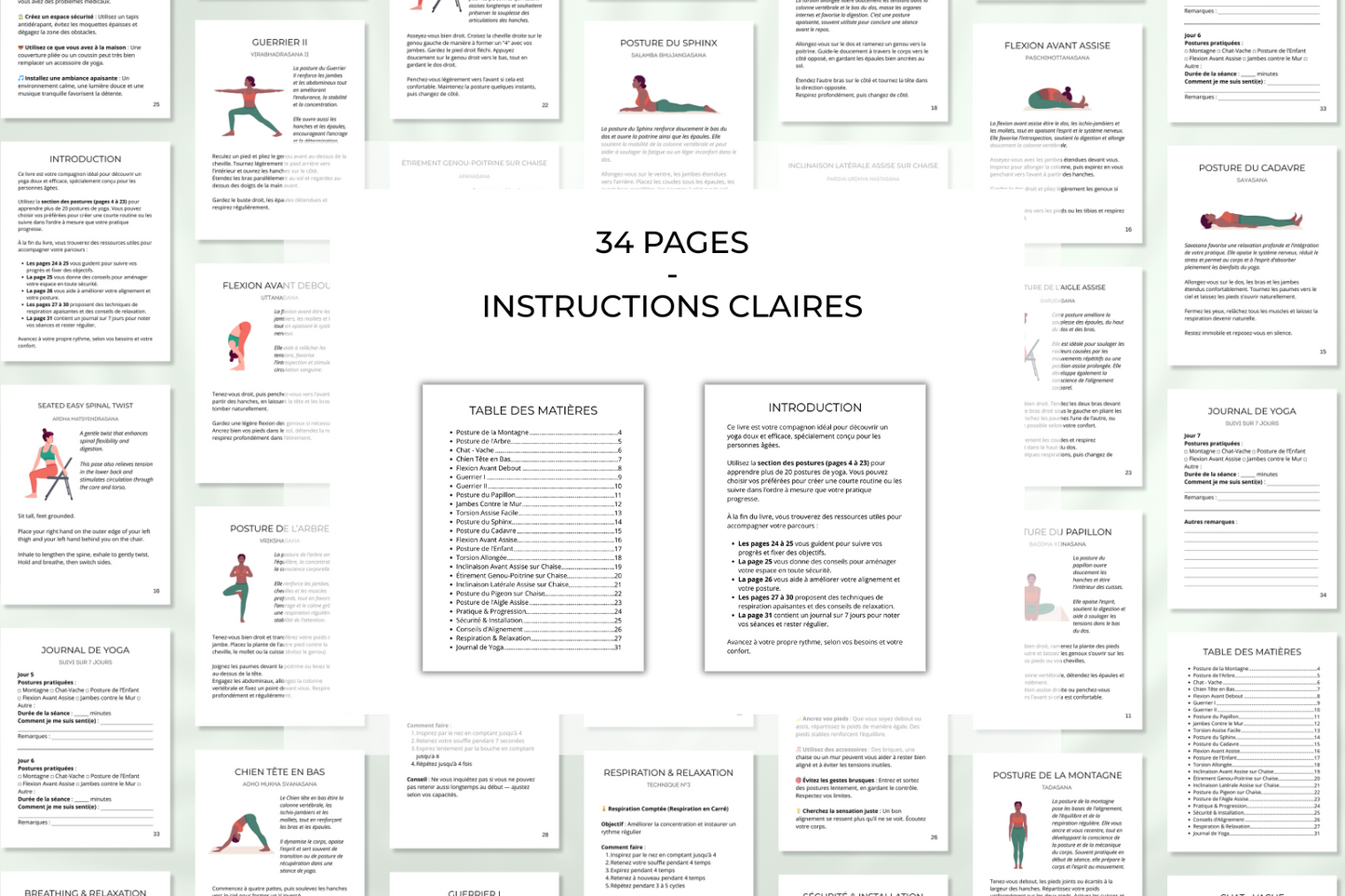 Fichier numérique de yoga pour seniors avec 20 postures sécurisées et conseils adaptés à la pratique à domicile