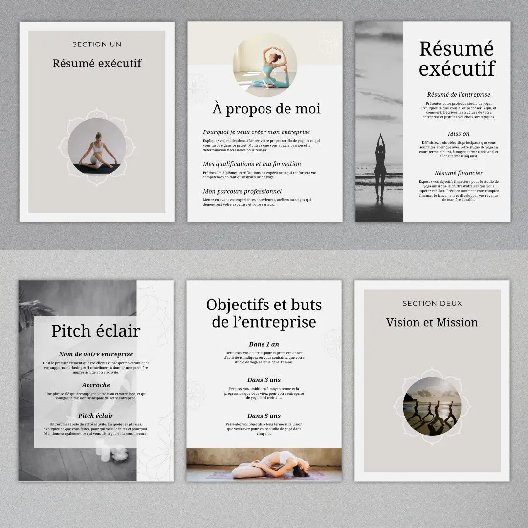 Pages du Workbook Business Yoga imprimables, conçues pour accompagner les coachs et profs de yoga dans la création d’un business clair et durable.