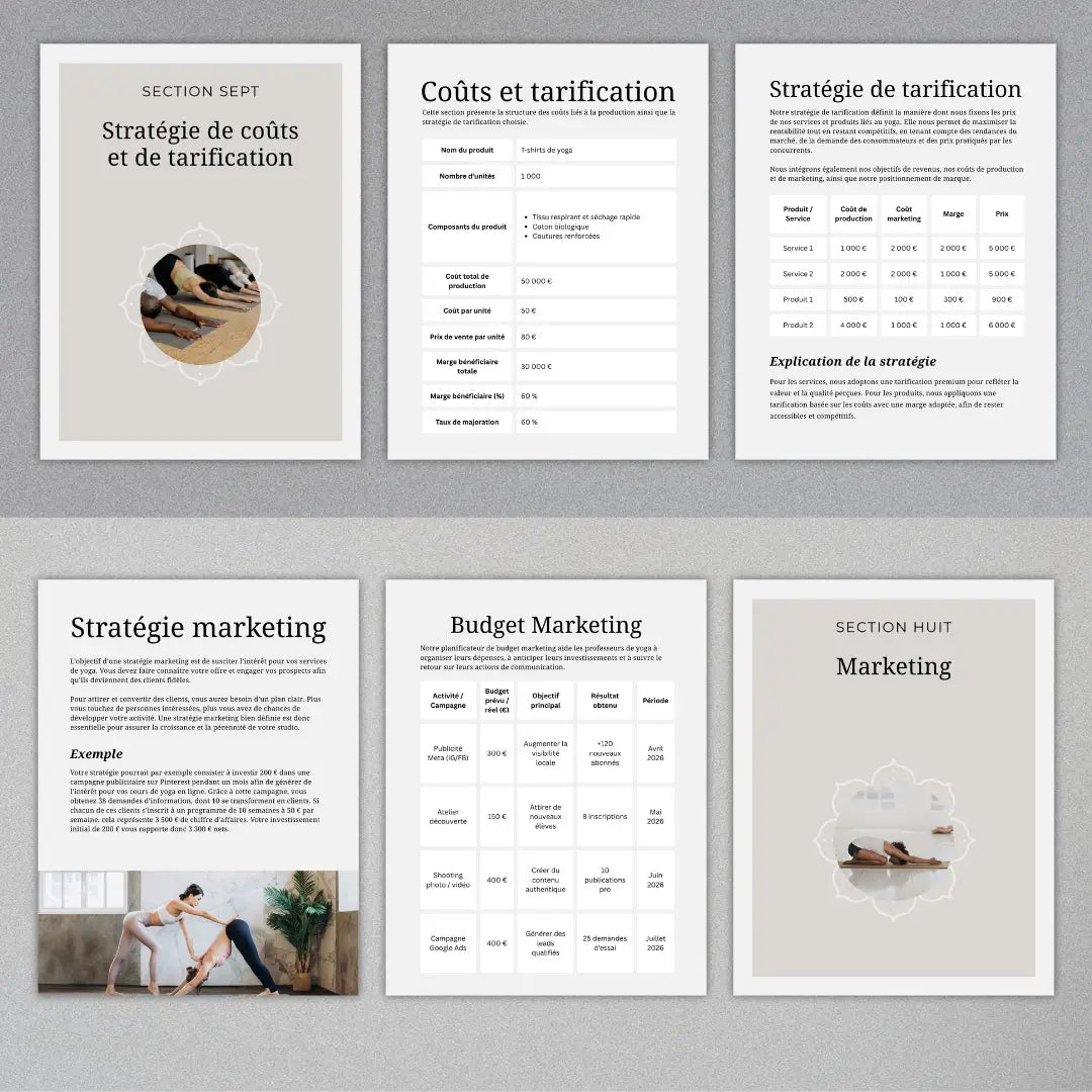 Aperçu de la section “Marketing et Communication” du Workbook Business Yoga, pour créer une stratégie alignée avec les valeurs du bien-être et de la sérénité.