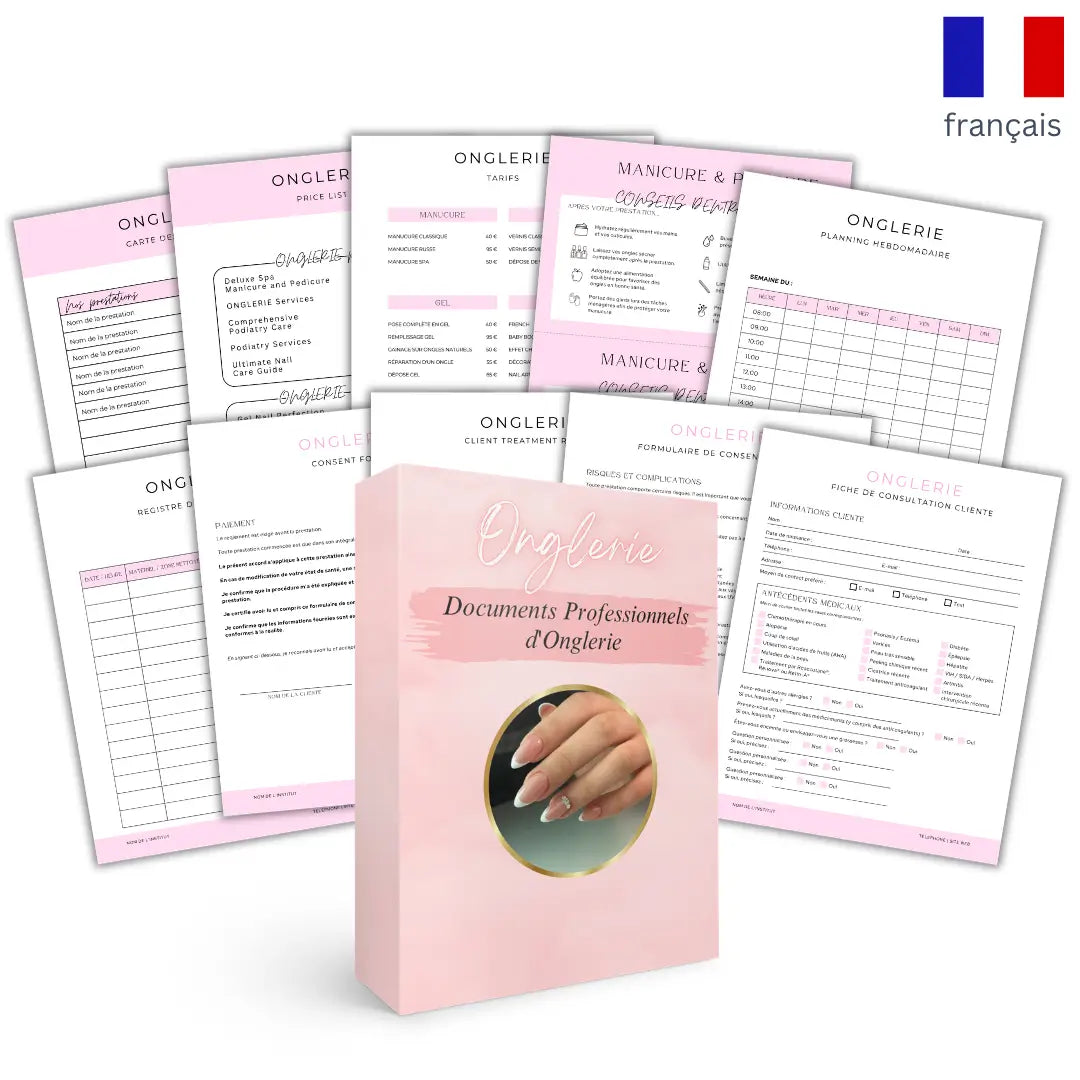 Pack de documents professionnels d'onglerie comprenant fiches clientes, formulaires, planning, registres et cartes des tarifs à personnaliser sur Canva