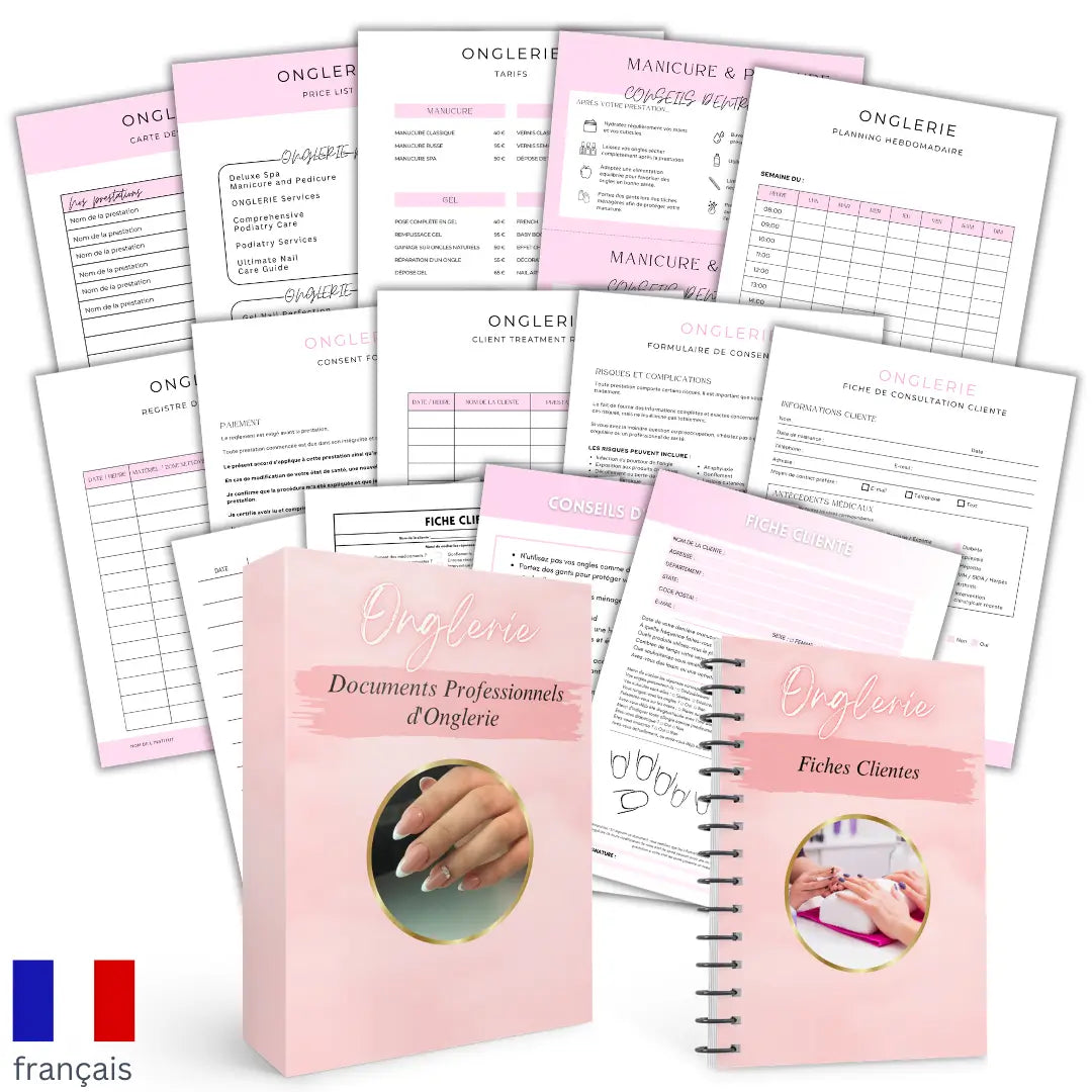 Pack de documents professionnels d'onglerie comprenant fiches clientes, formulaires, planning, registres et cartes des tarifs à personnaliser sur Canva