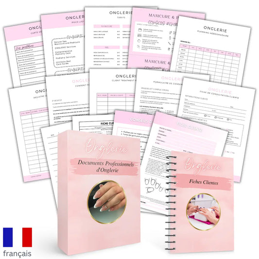 Pack de documents professionnels d'onglerie comprenant fiches clientes, formulaires, planning, registres et cartes des tarifs à personnaliser sur Canva