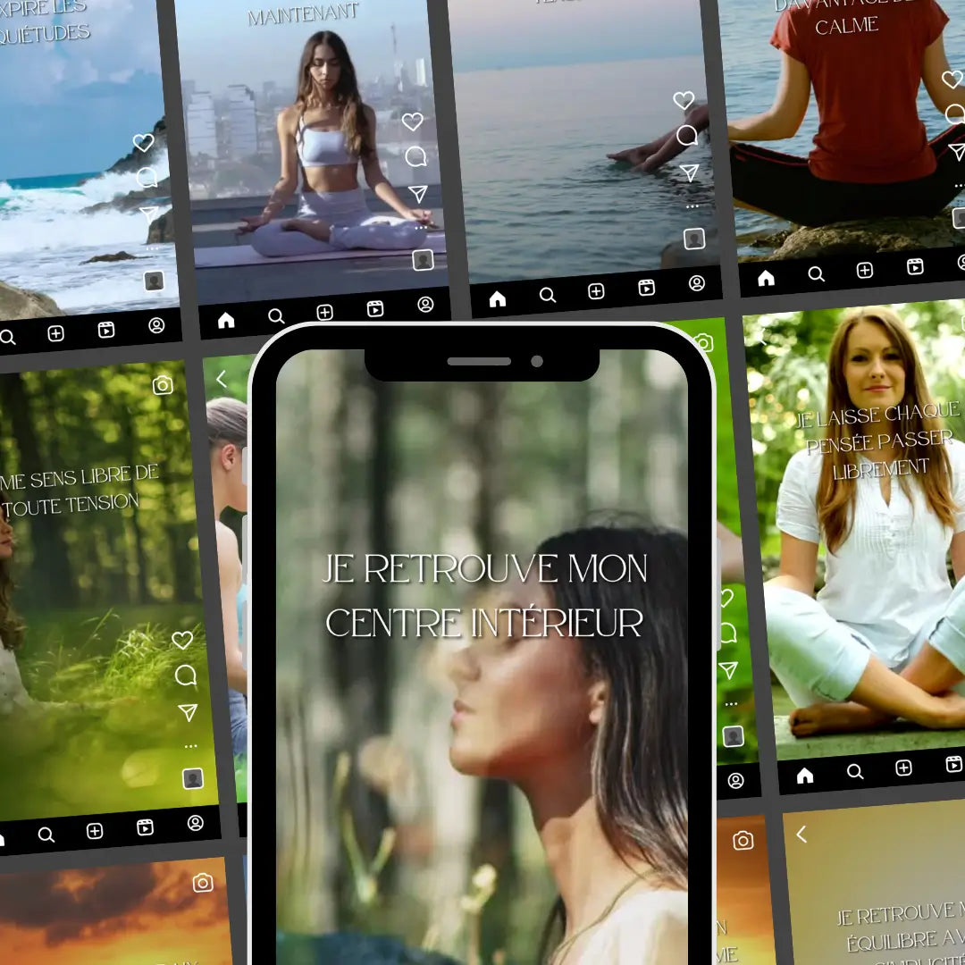 Collection de plus de 100 reels de méditation avec affirmations en français, prêts à personnaliser et à publier sur les réseaux sociaux