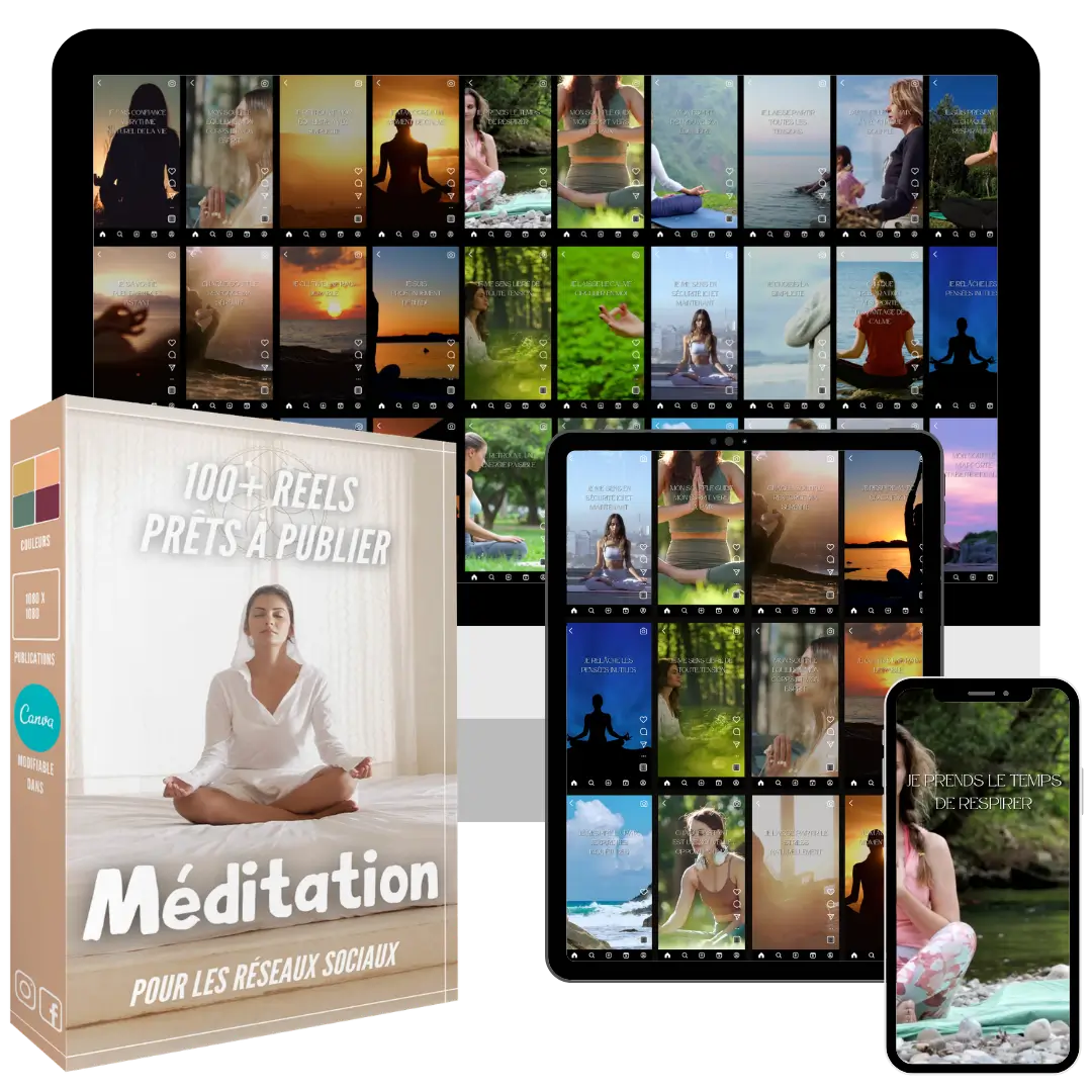 100+ reels de méditation prêts à publier, entièrement personnalisables dans Canva pour Instagram, Facebook, TikTok et YouTube Shorts