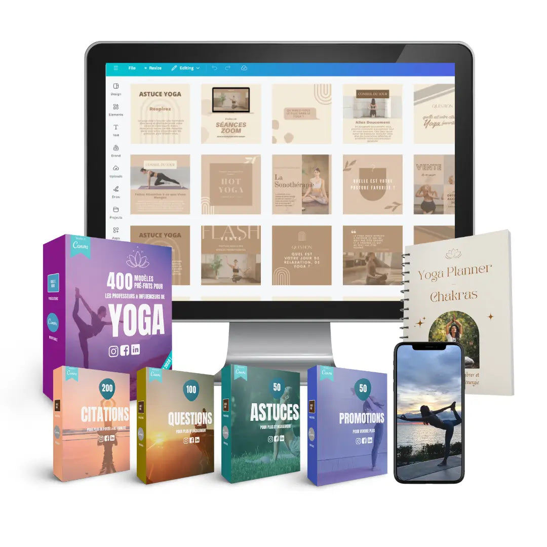 Yoga kit en français pour les profs de yoga en France. Templates/modèles pour les réseaux sociaux, reels Instagram et planner Chakra pour vos cours