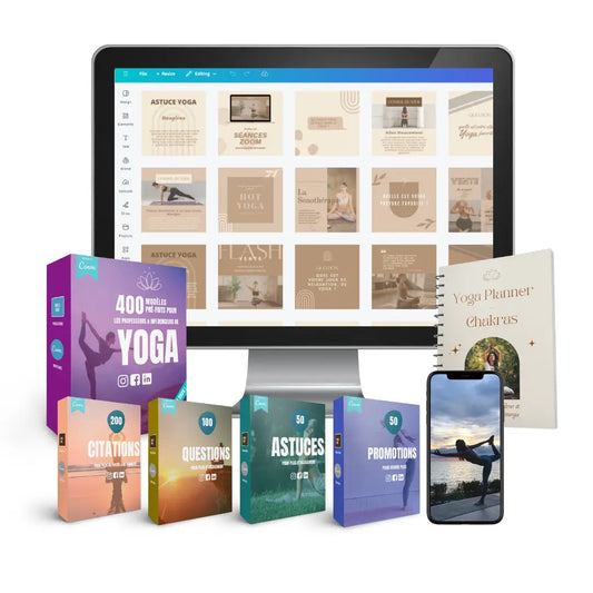Yoga kit en français pour les profs de yoga en France. Templates/modèles pour les réseaux sociaux, reels Instagram et planner Chakra pour vos cours