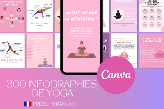 300 infographies yoga en français – templates Canva pour réseaux sociaux