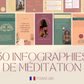 50 infographies méditation en français – templates Canva pour réseaux sociaux (Facebook et Instagram)