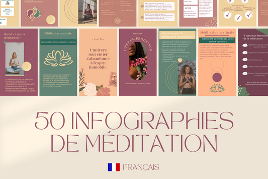 50 infographies méditation en français – templates Canva pour réseaux sociaux (Facebook et Instagram)