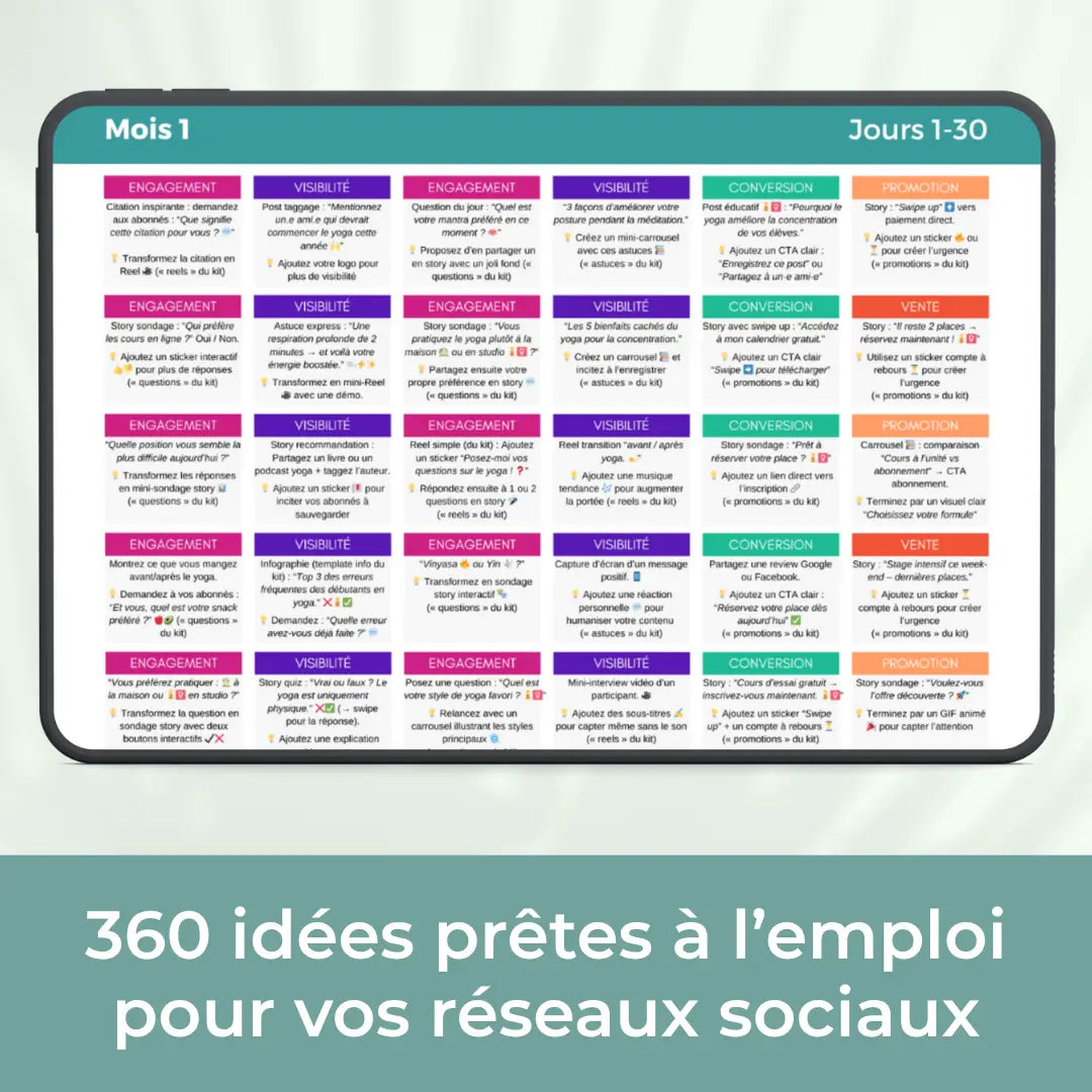 Calendrier social media yoga rempli pour un an de publications prêtes à l’emploi