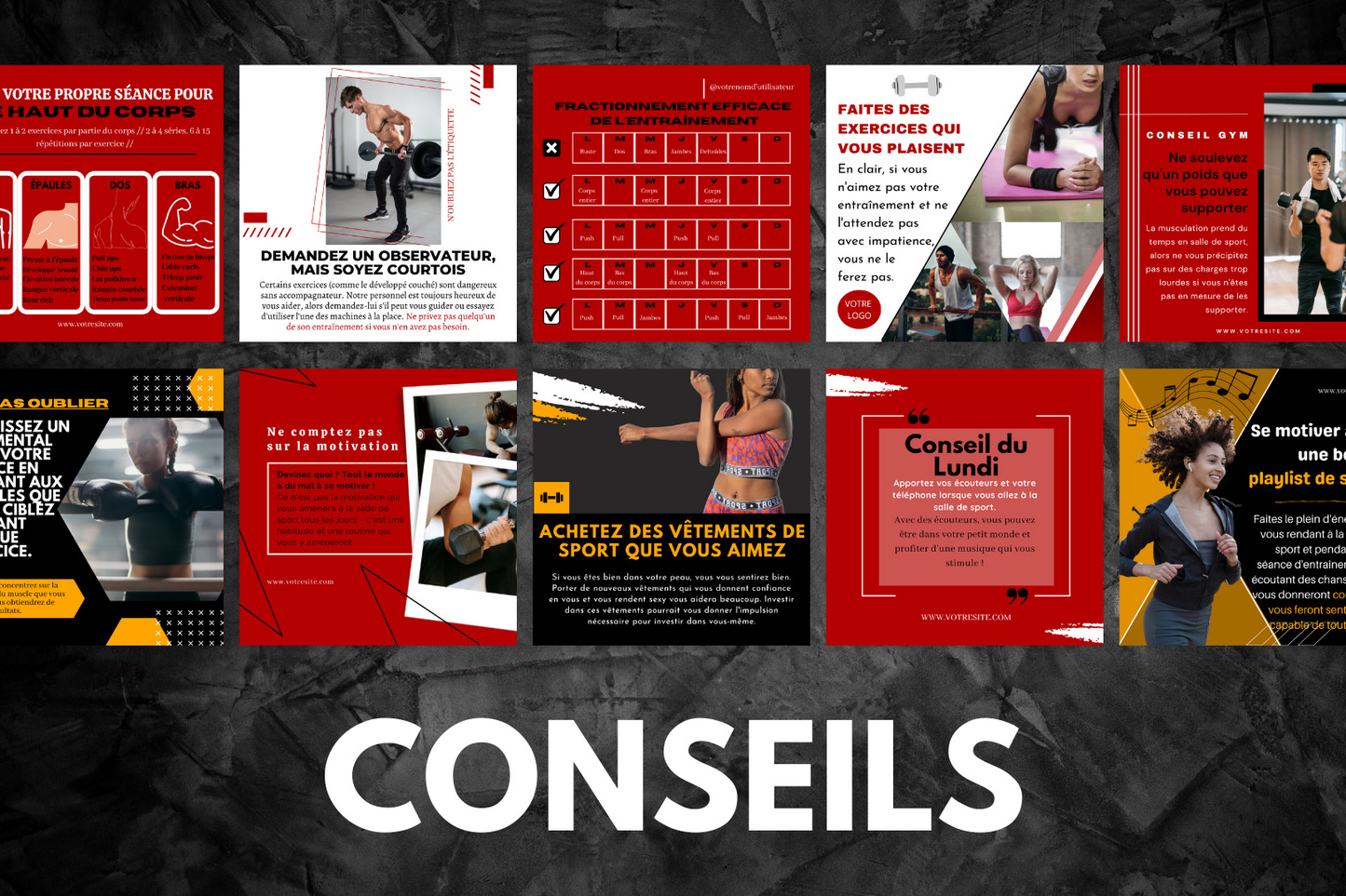 Visuels salle de sport modifiables – pack Canva fitness dynamique
