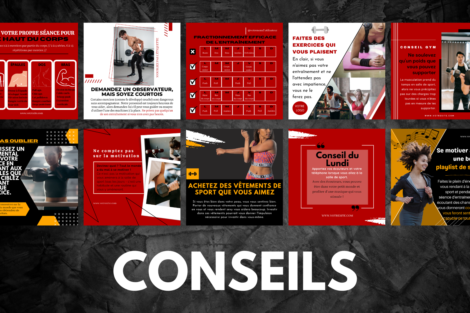 Visuels salle de sport modifiables – pack Canva fitness dynamique