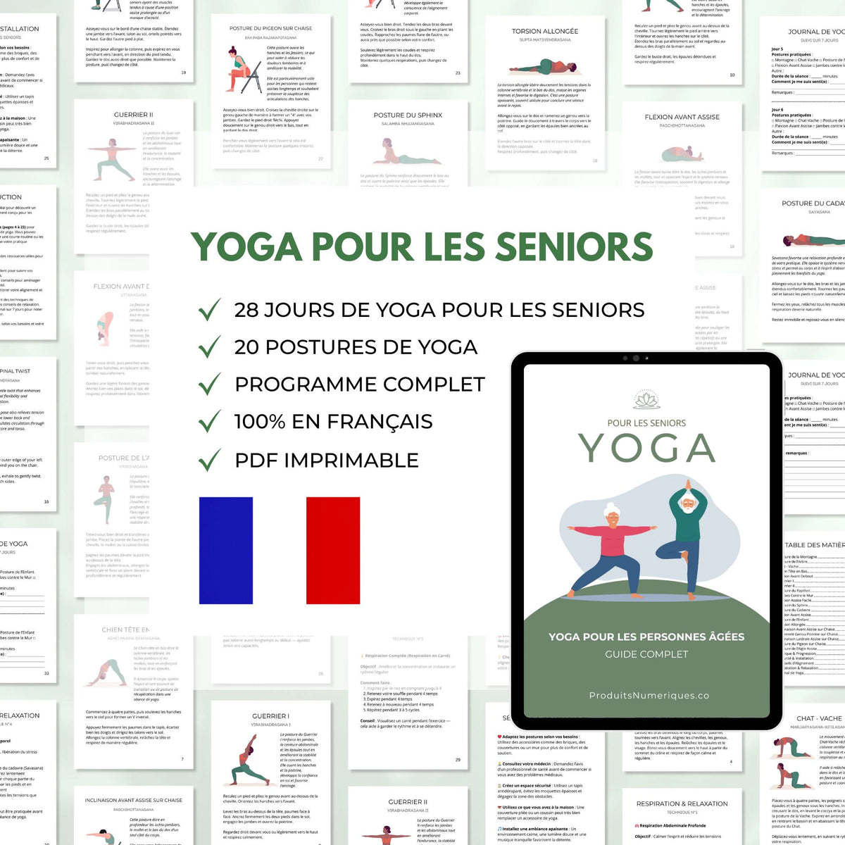 Livre de yoga imprimable pour seniors débutants avec grandes polices, conseils de sécurité, et suivi de progression sur 7 jours