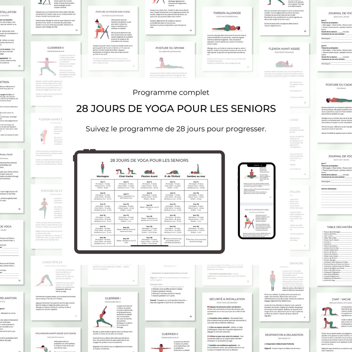 Fichier numérique de yoga pour seniors avec 20 postures sécurisées et conseils adaptés à la pratique à domicile