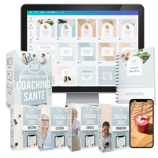 Le Kit Business Coach Santé comprenant 200 modèles Canva, plus de 300 reels nutrition, un Journal Bien-Être et des ressources prêtes à publier pour les réseaux sociaux.