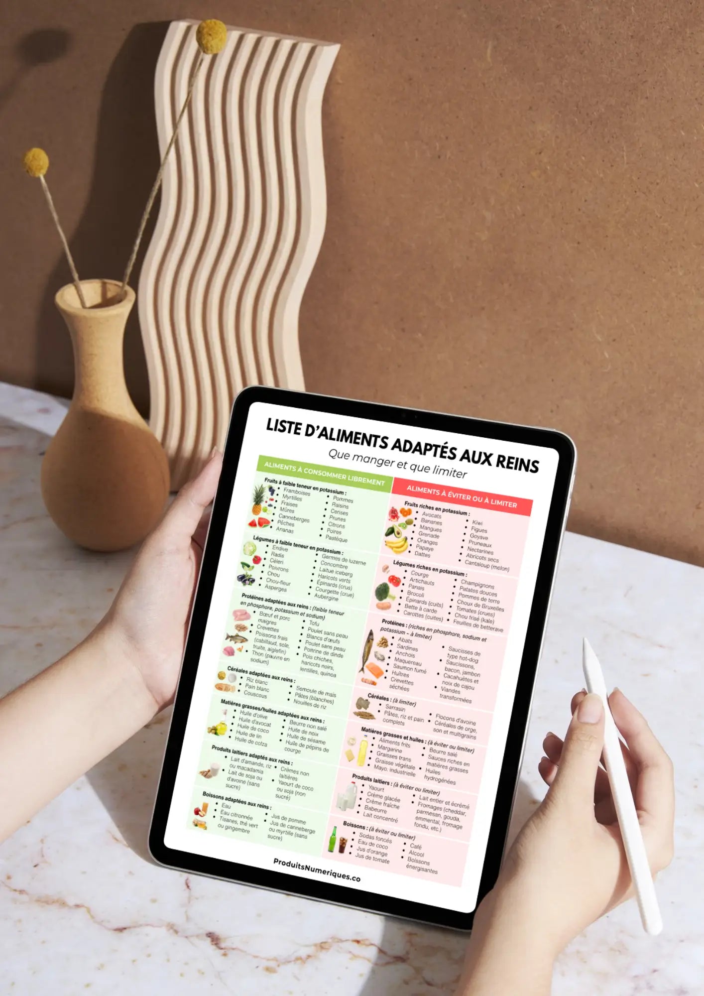 Tableau visuel des aliments bons pour les reins en français