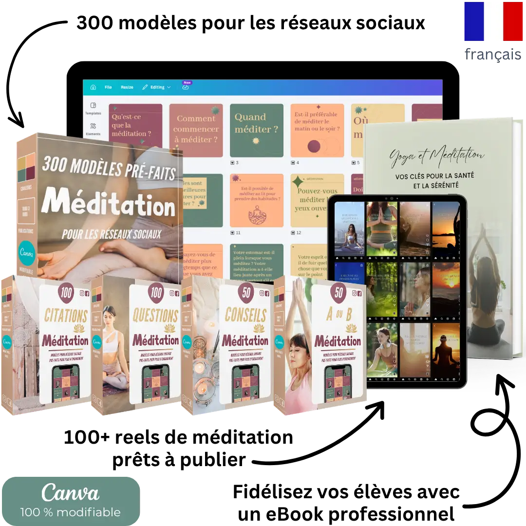 Pack complet de contenu méditation comprenant des modèles Canva, des reels prêts à publier, un eBook Yoga & Méditation et des ressources pour les réseaux sociaux