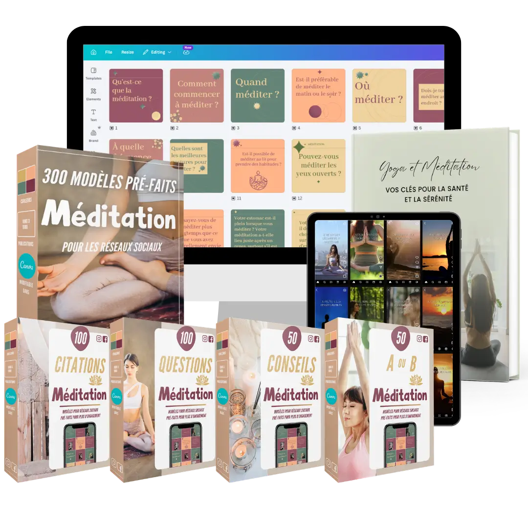 Kit Méditation Complet avec plus de 300 modèles Canva, 100+ reels de méditation prêts à publier et eBook Yoga & Méditation personnalisable