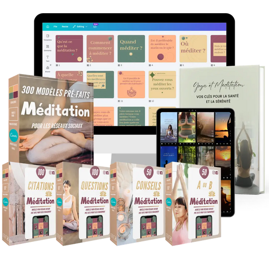 Kit Méditation Complet avec plus de 300 modèles Canva, 100+ reels de méditation prêts à publier et eBook Yoga & Méditation personnalisable
